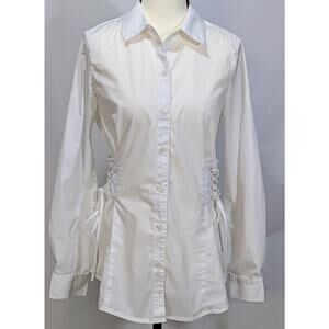 Saks Fifth Avenue White Lace Up Shirt Button Front Stretch Cotton Top Size S